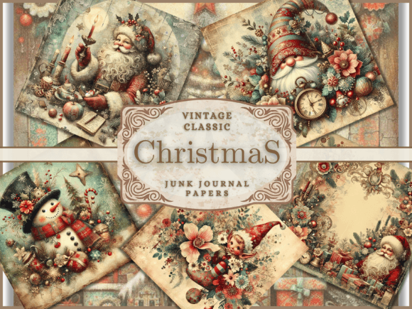 Christmas Backgrounds - Junk Journal Kit: 57 Vintage Papers